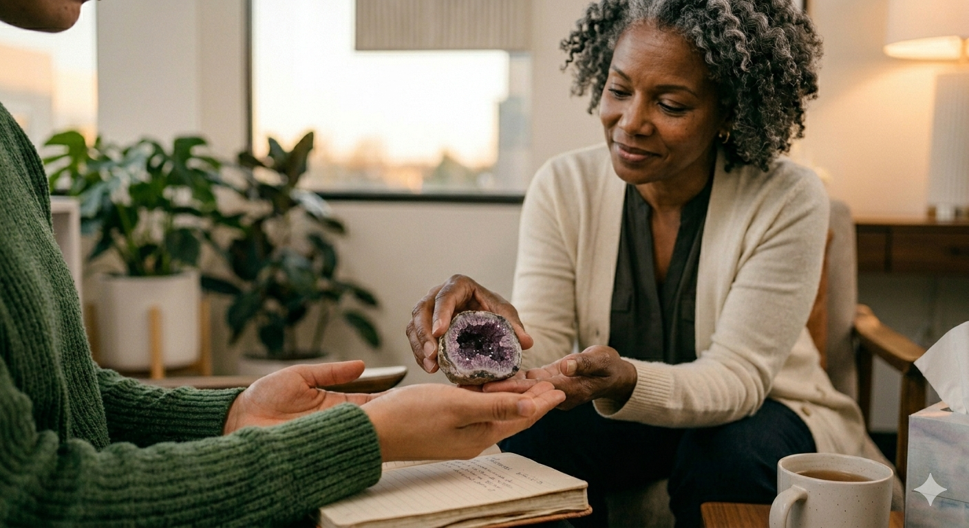 A therapist and client sitting together in a warm, comfortable room during a session