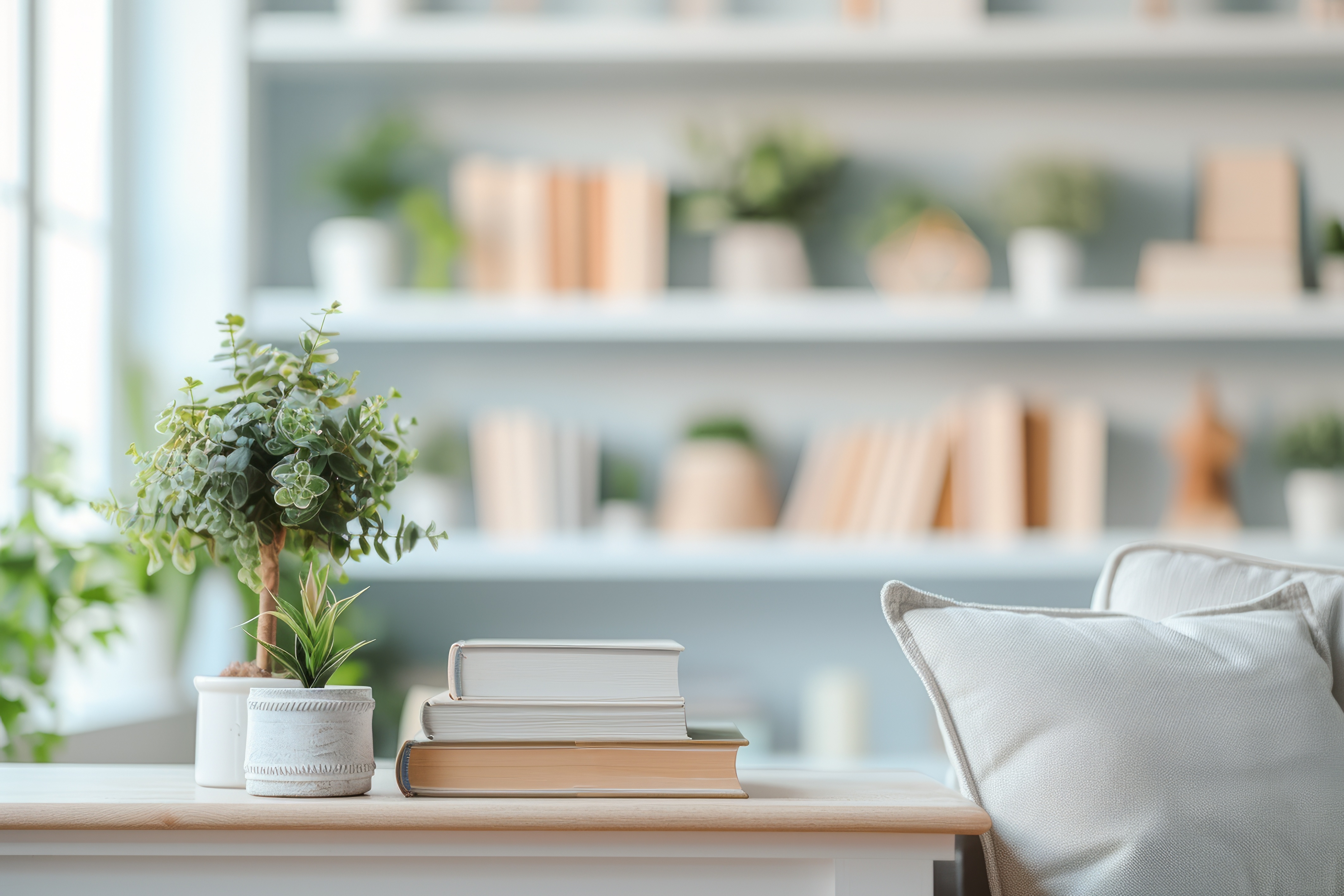 Calm workspace with books and plants
